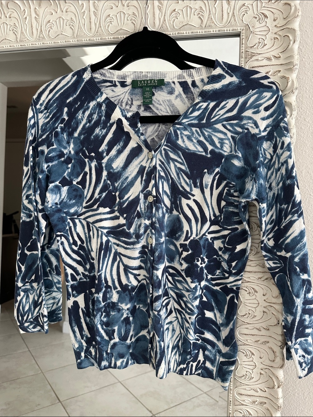 Lauren Ralph Lauren Quarter Sleeve Navy & White Floral-Print Cardigan